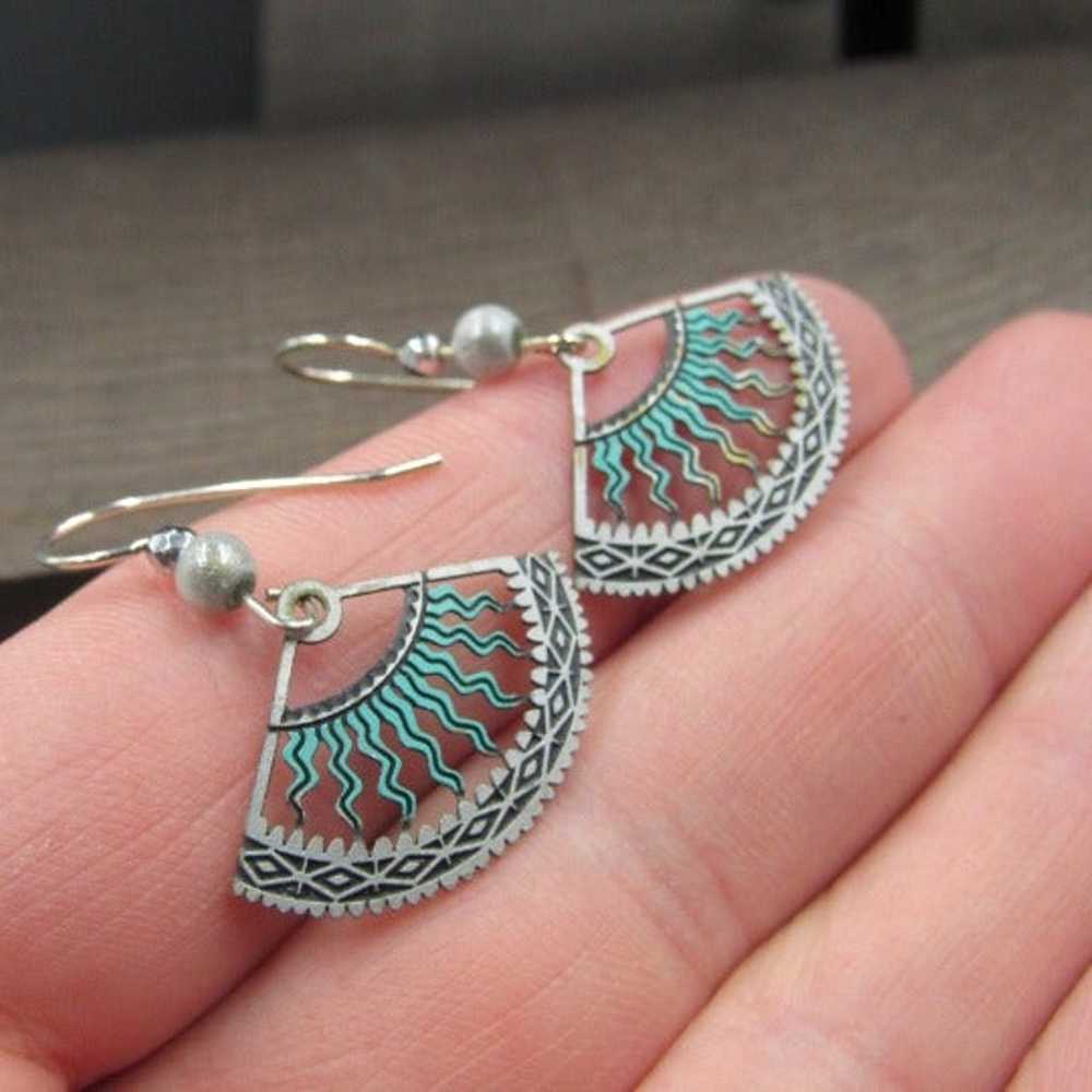 Silver Tone Unique Asian Fan Style Earrings Vinta… - image 2