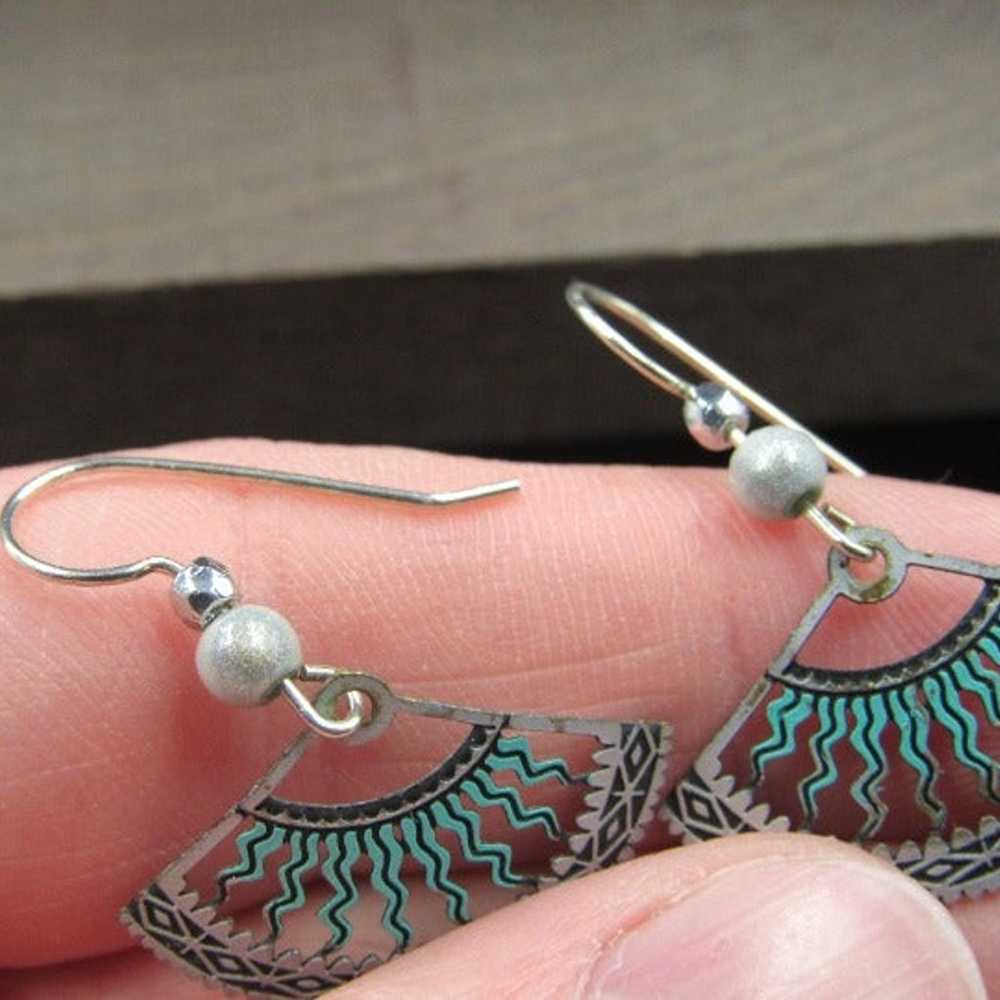 Silver Tone Unique Asian Fan Style Earrings Vinta… - image 3