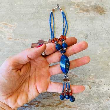 Artisan Vintage Silver Tone & Lapis Beaded Neckla… - image 1