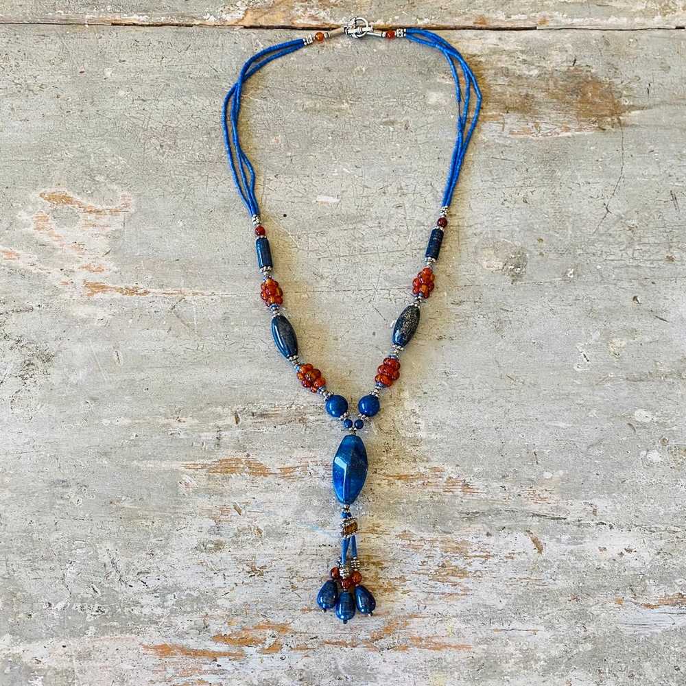 Artisan Vintage Silver Tone & Lapis Beaded Neckla… - image 2