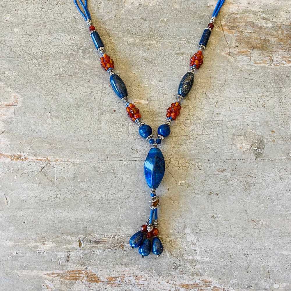 Artisan Vintage Silver Tone & Lapis Beaded Neckla… - image 3