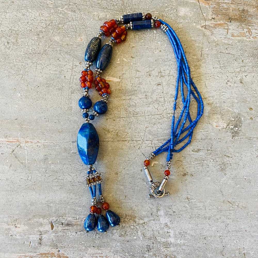 Artisan Vintage Silver Tone & Lapis Beaded Neckla… - image 4