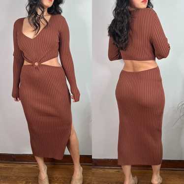 House of offers Harlow 1960 Dress Ribbed Knit Polo Sweater Midi Dress Brown Size M