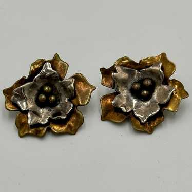 Sterling Silver Flower Earrings Two Tone Clip Earr