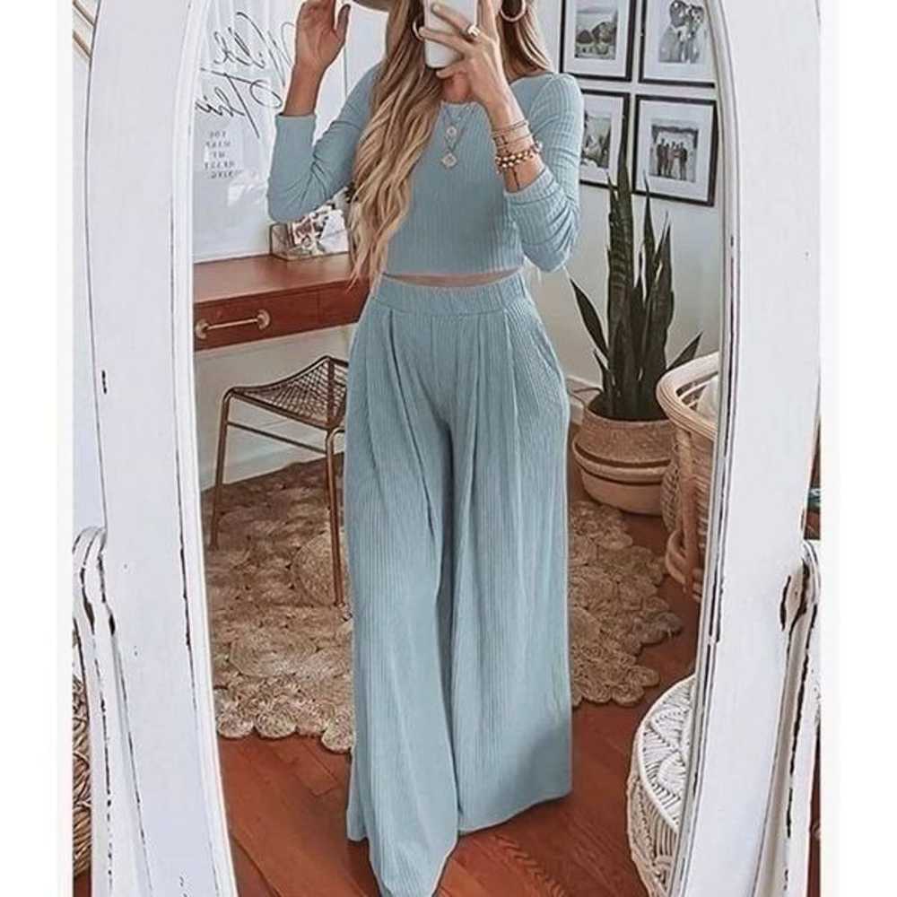 Two Piece Ribbed Knit Crop Top & Loose Wide Leg P… - image 3