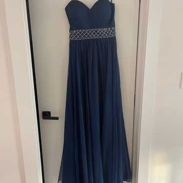 Navy Blue La Femme Pleated Chiffon Gown