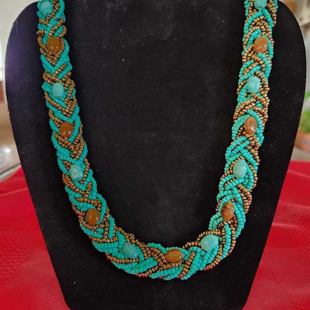 Vintage Mulit Strand Braided Turquoise, Bronze Se… - image 1