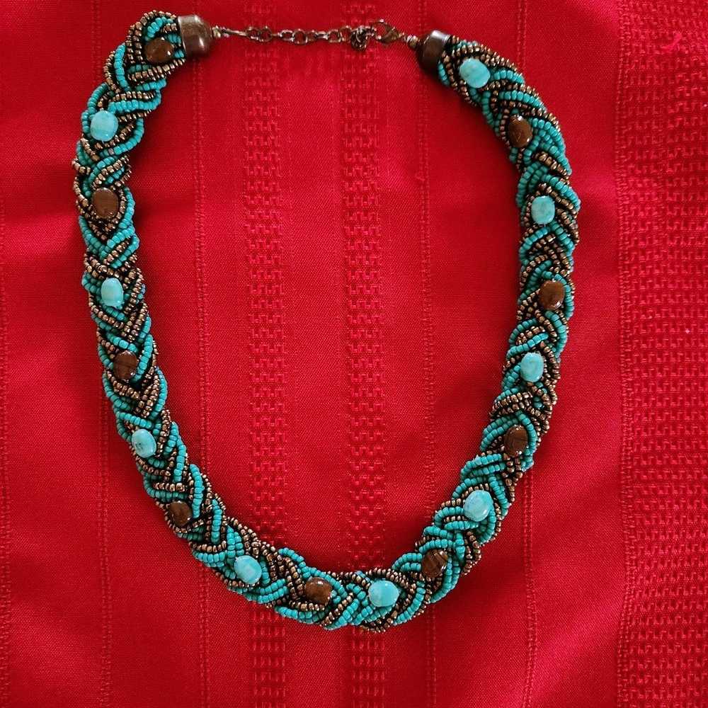 Vintage Mulit Strand Braided Turquoise, Bronze Se… - image 2