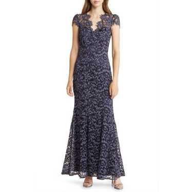 Eliza J Floral Embroidered Illusion Cap Sleeve Nav