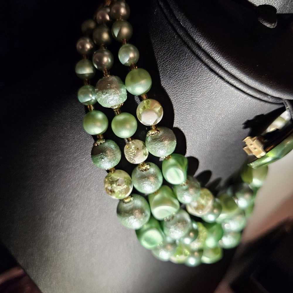 Vintage Japan 3 Strand Graduated Green Bead Chock… - image 2