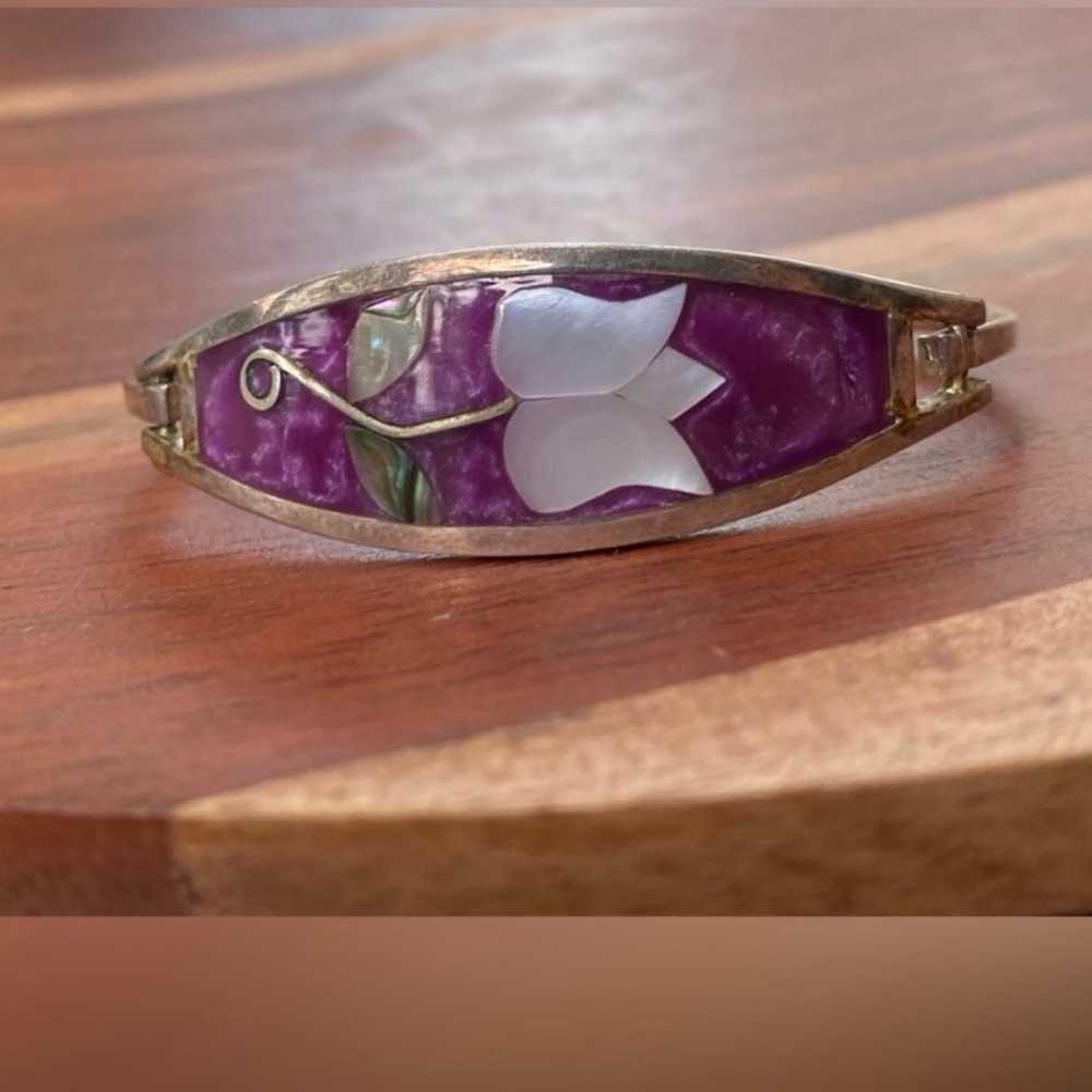 Vintage Alpaca Silver Purple Mother of Pearl Shel… - image 1