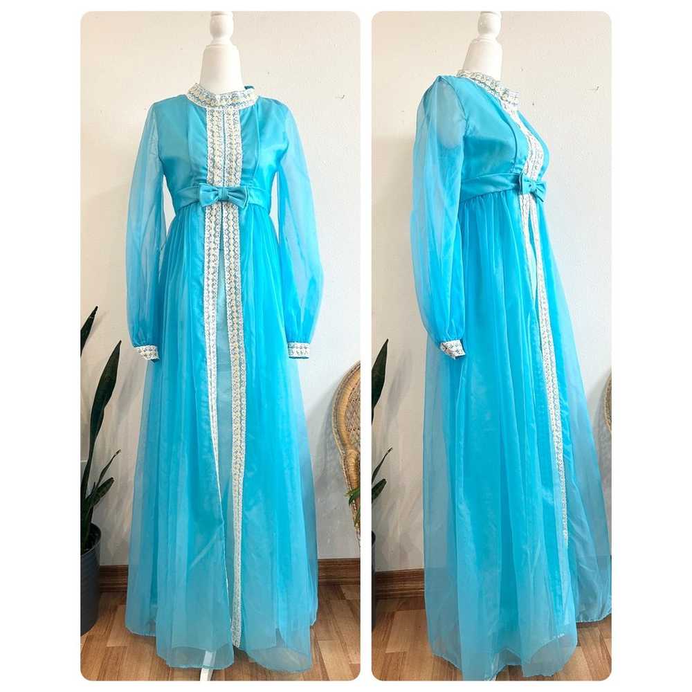 Vintage 60s 70s Blue Daisy Trim Chiffon Dress - image 1