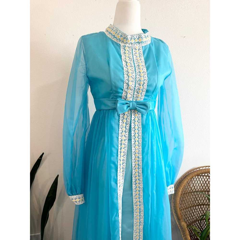 Vintage 60s 70s Blue Daisy Trim Chiffon Dress - image 2