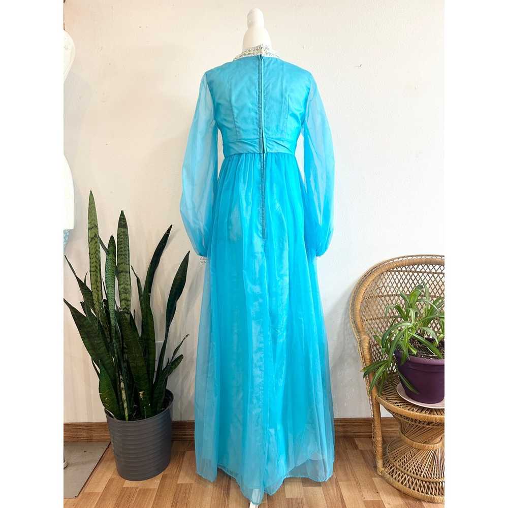 Vintage 60s 70s Blue Daisy Trim Chiffon Dress - image 4