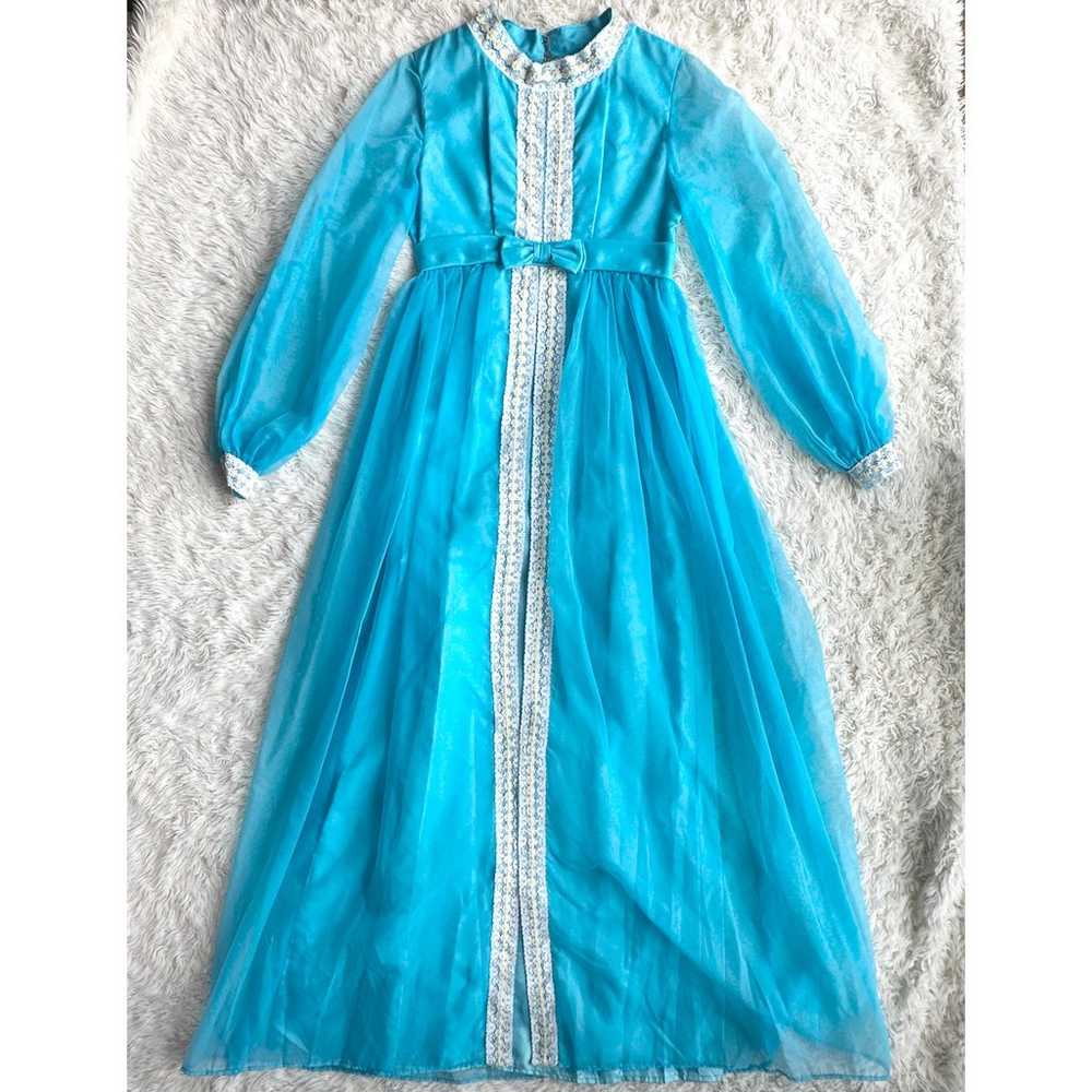 Vintage 60s 70s Blue Daisy Trim Chiffon Dress - image 5