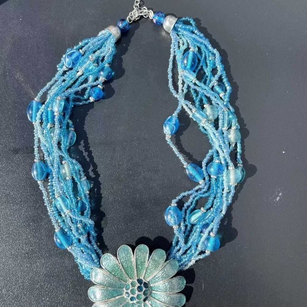 Vtg Multi Strand Necklace Blues Glass Beads Large… - image 2