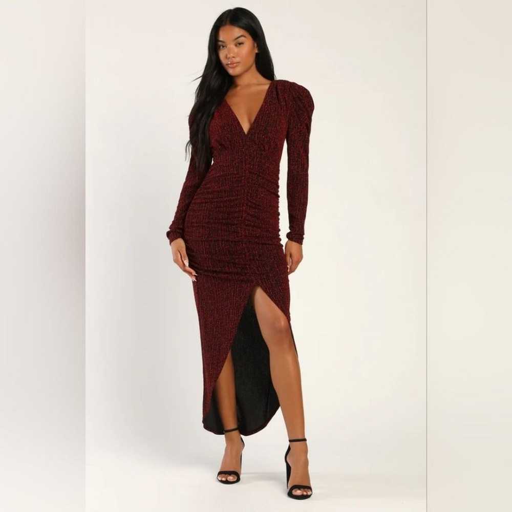 Lulu's Party Glam Metallic Red Long Sleeve Ruched… - image 2