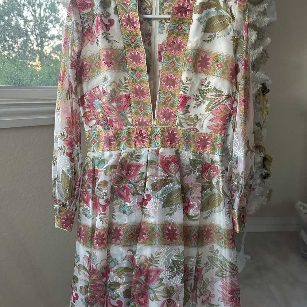 Vintage 1970’s Floral Bishop Sleeve Organza Dress… - image 1