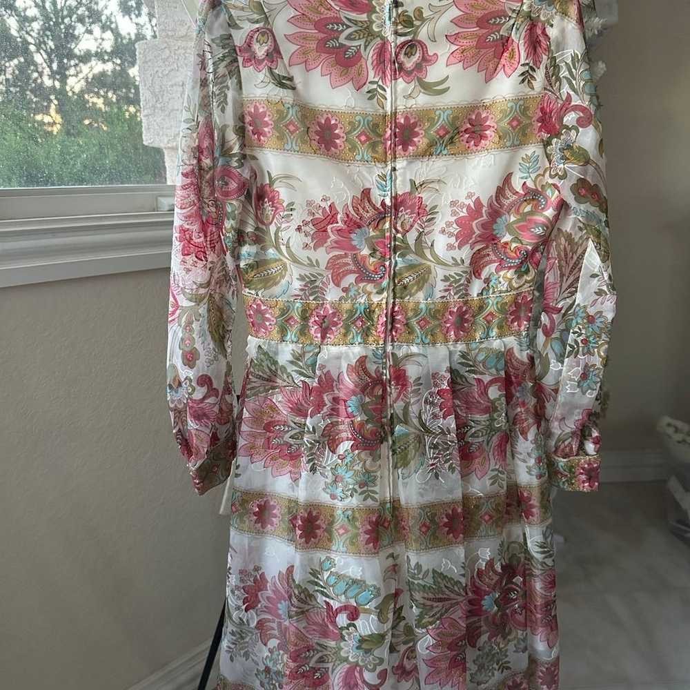 Vintage 1970’s Floral Bishop Sleeve Organza Dress… - image 2