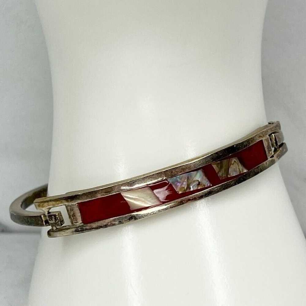 Vintage Silver Tone Abalone Shell Red Inlay Hinge… - image 1