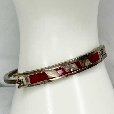 Vintage Silver Tone Abalone Shell Red Inlay Hinge 