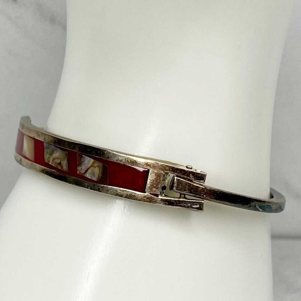 Vintage Silver Tone Abalone Shell Red Inlay Hinge… - image 3