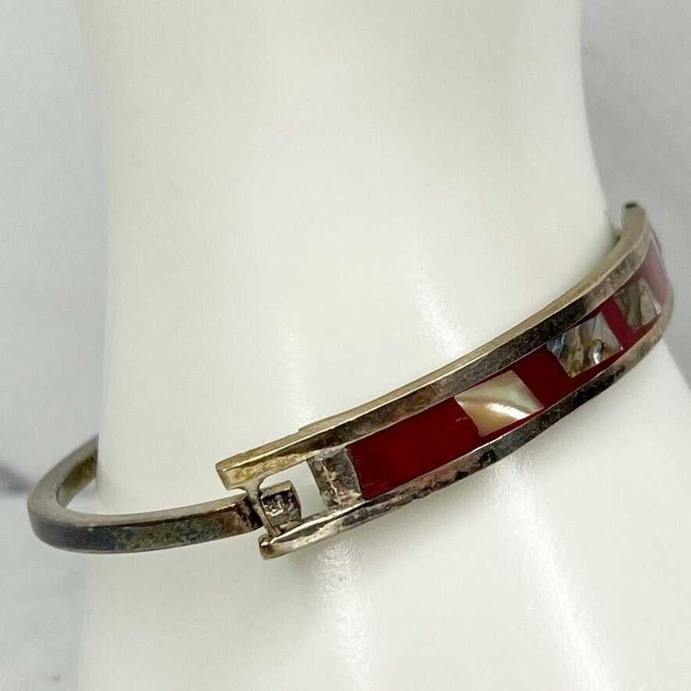 Vintage Silver Tone Abalone Shell Red Inlay Hinge… - image 6