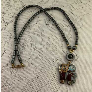 Vintage Hematite Elephant Pendant Necklace Natural