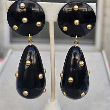 Vintage 80's Black Acrylic Gold Dots Teardrop Cli… - image 1