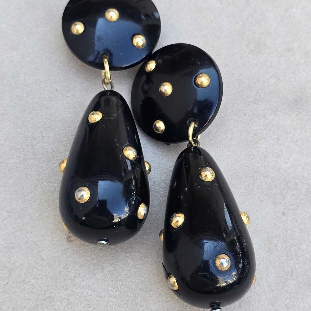 Vintage 80's Black Acrylic Gold Dots Teardrop Cli… - image 2