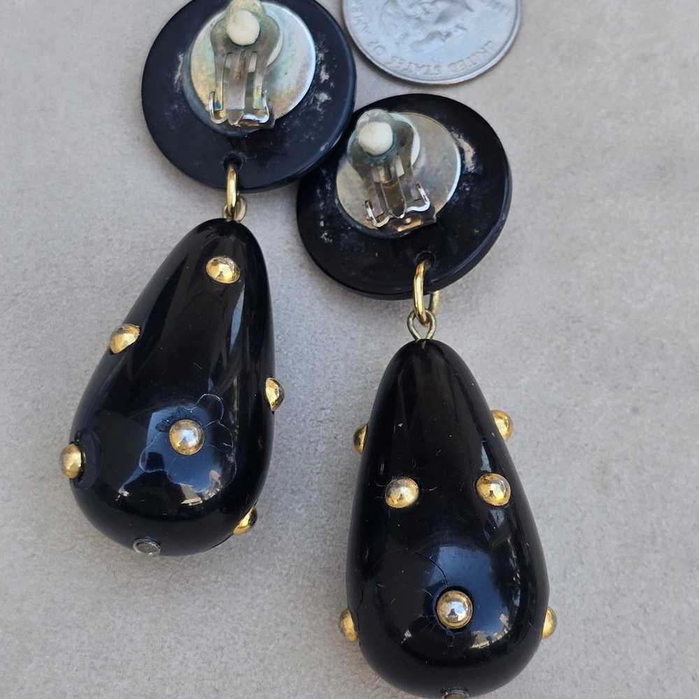 Vintage 80's Black Acrylic Gold Dots Teardrop Cli… - image 3