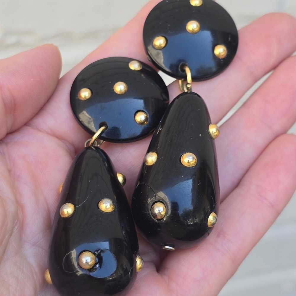 Vintage 80's Black Acrylic Gold Dots Teardrop Cli… - image 4