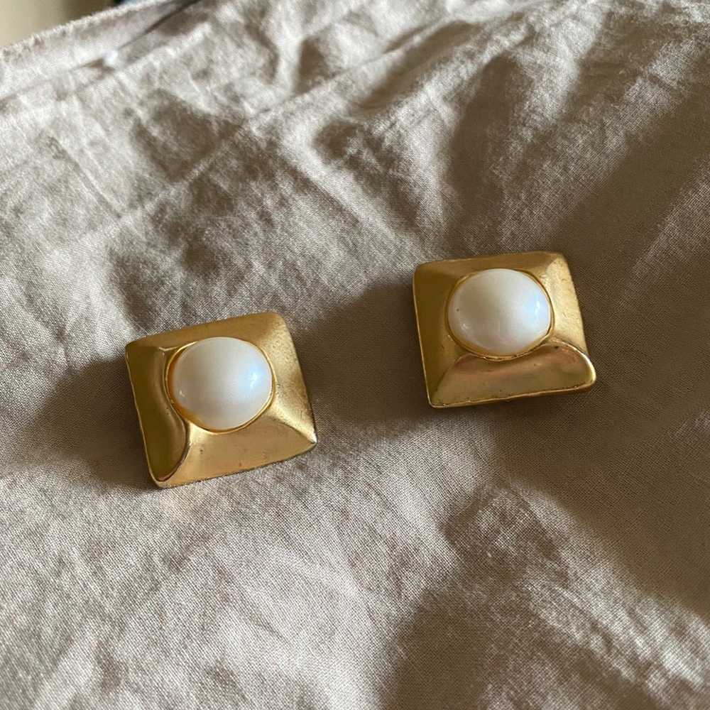 Vintage Square Gold & Pearl Clip Earring - image 1