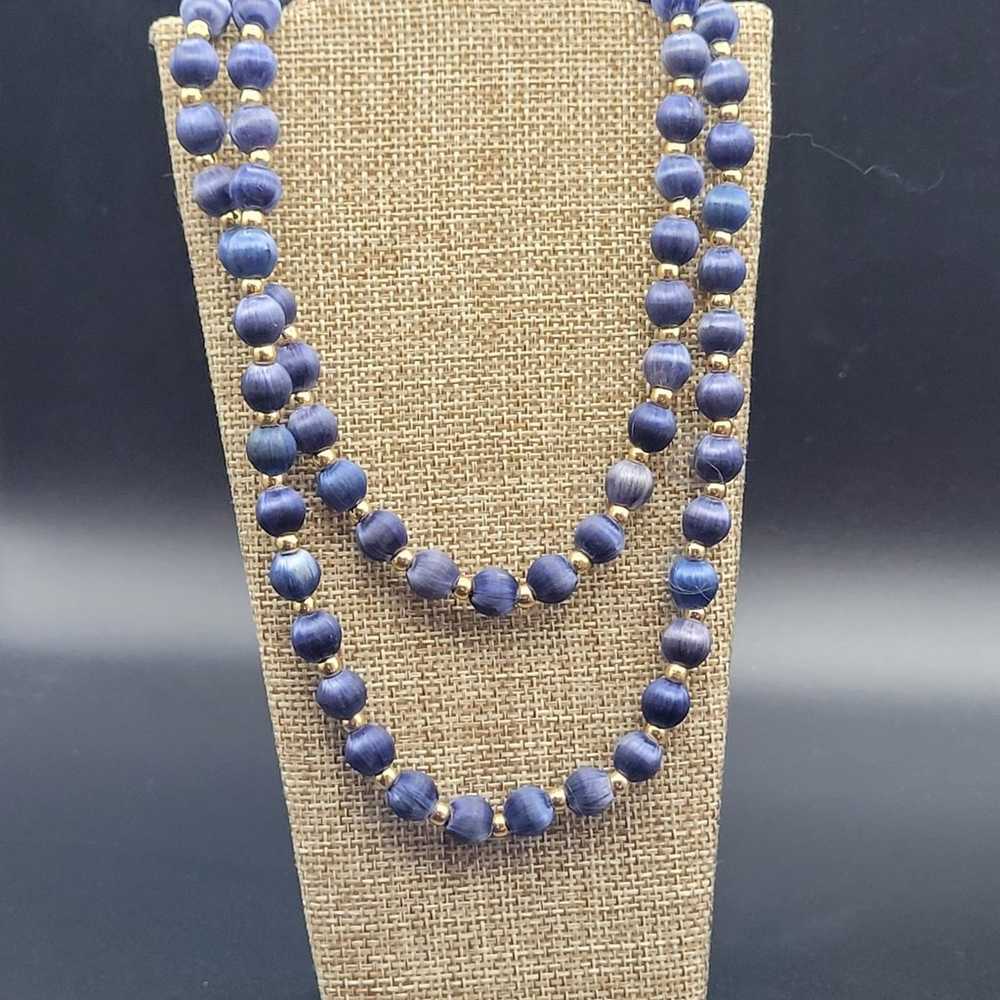 Vintage Satin Beaded Neclace Blue Navy Blue Gold … - image 1