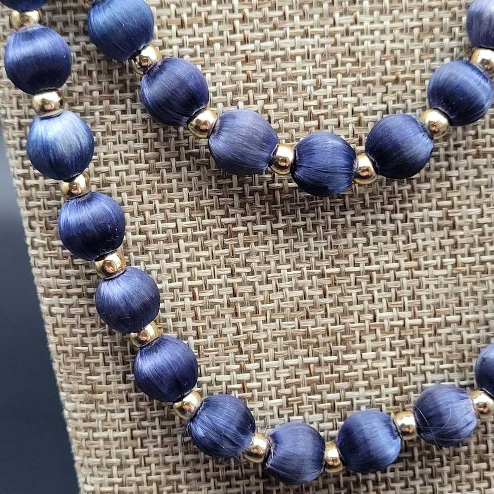 Vintage Satin Beaded Neclace Blue Navy Blue Gold … - image 2