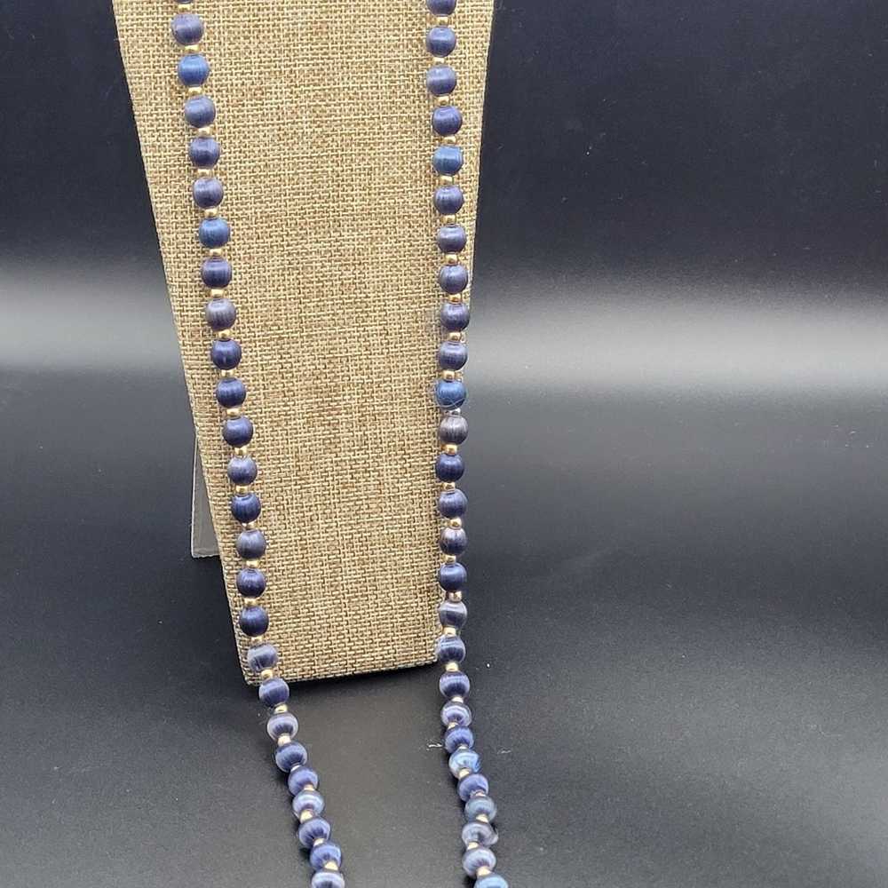 Vintage Satin Beaded Neclace Blue Navy Blue Gold … - image 3