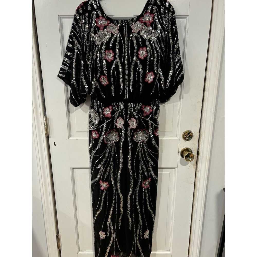 Womens 14 NWOT Black Floral Sequin Batwing Maxi D… - image 7