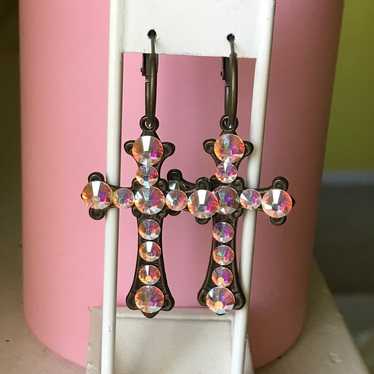 Vintage Pink Rhinestones Brass Cross Pierced Earri