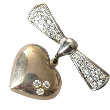 Vintage Gold Silver Tone Heart Bow Dangle Brooch … - image 1