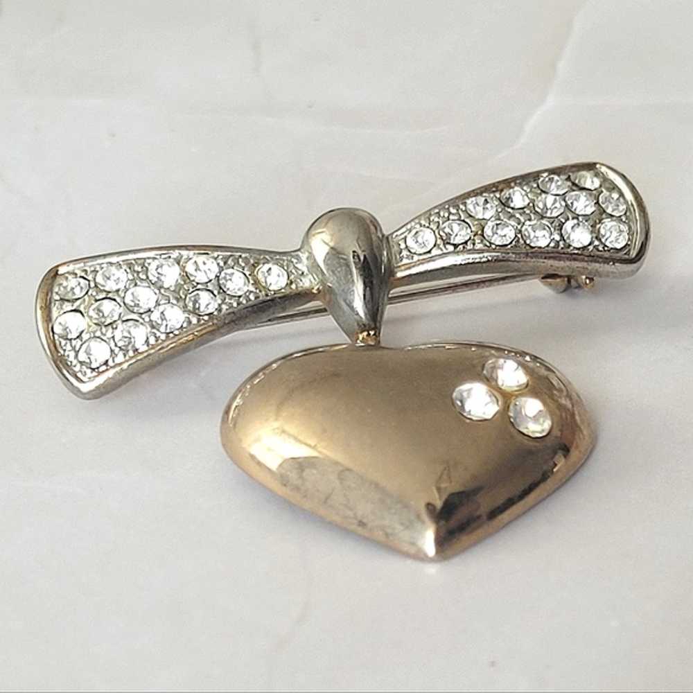 Vintage Gold Silver Tone Heart Bow Dangle Brooch … - image 3