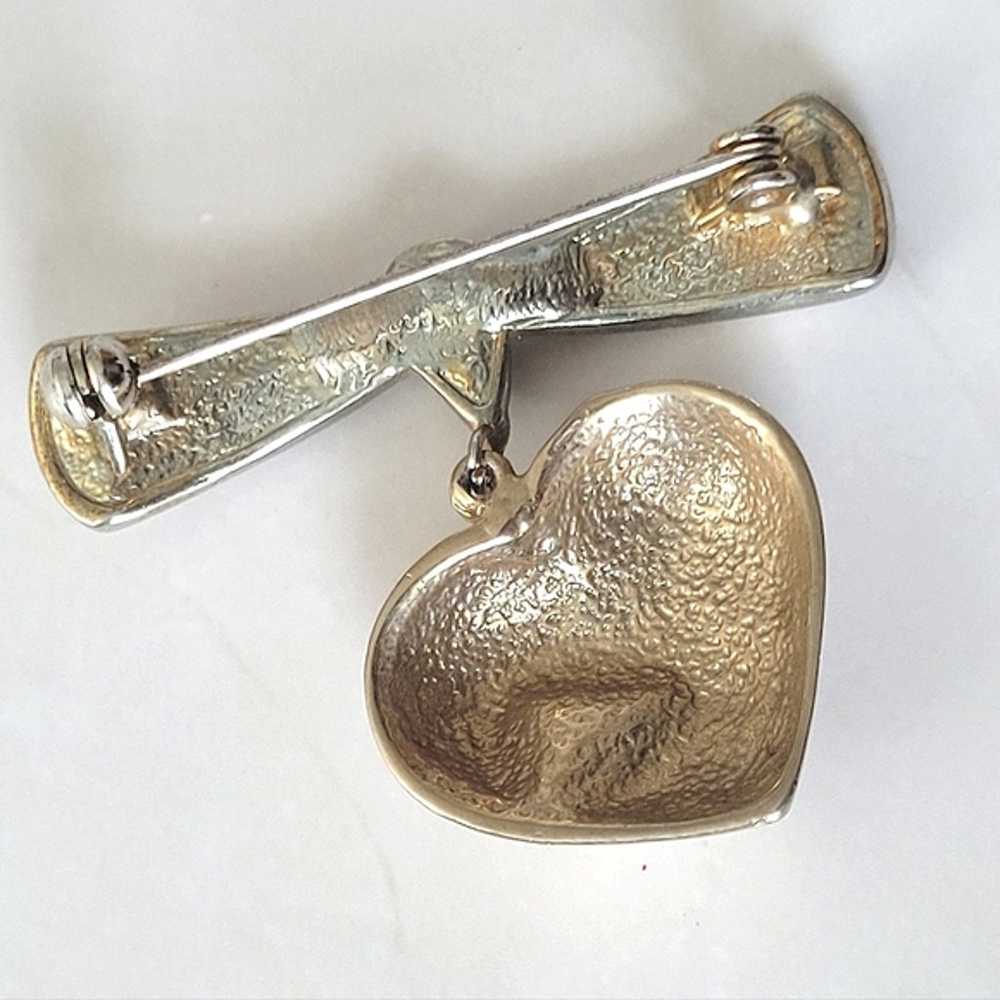 Vintage Gold Silver Tone Heart Bow Dangle Brooch … - image 4