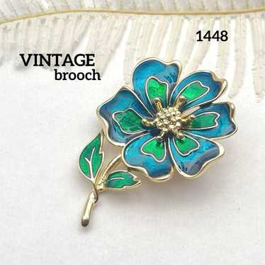 1448 Vintage Brooch Flower Enamel Blue Green Bota… - image 1