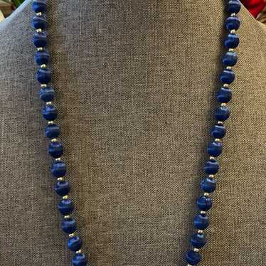 Vintage Cobalt Blue Silk Gold Tone Bead 28” Neckla