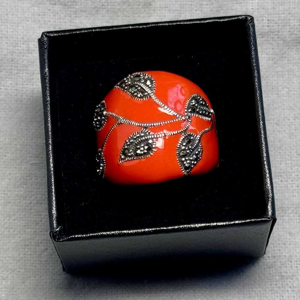 Dallas Prince Orange Enamel and Marcasite Dome Ri… - image 6