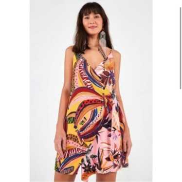 FARM Rio Banana Mix Mini Wrap Dress Plunging V Nec