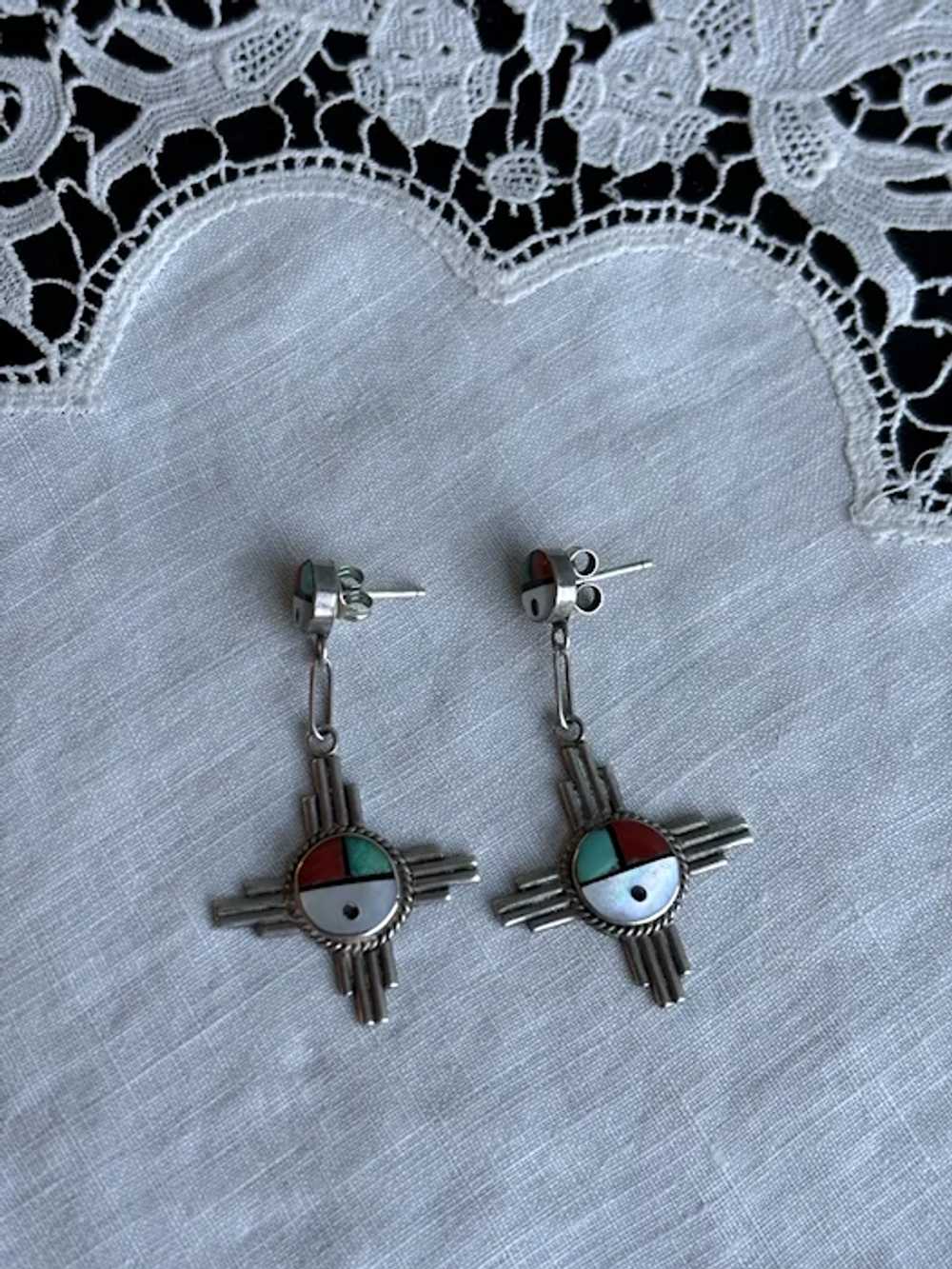 Zuni Sun Face Inlaid Drop Earrings - image 2