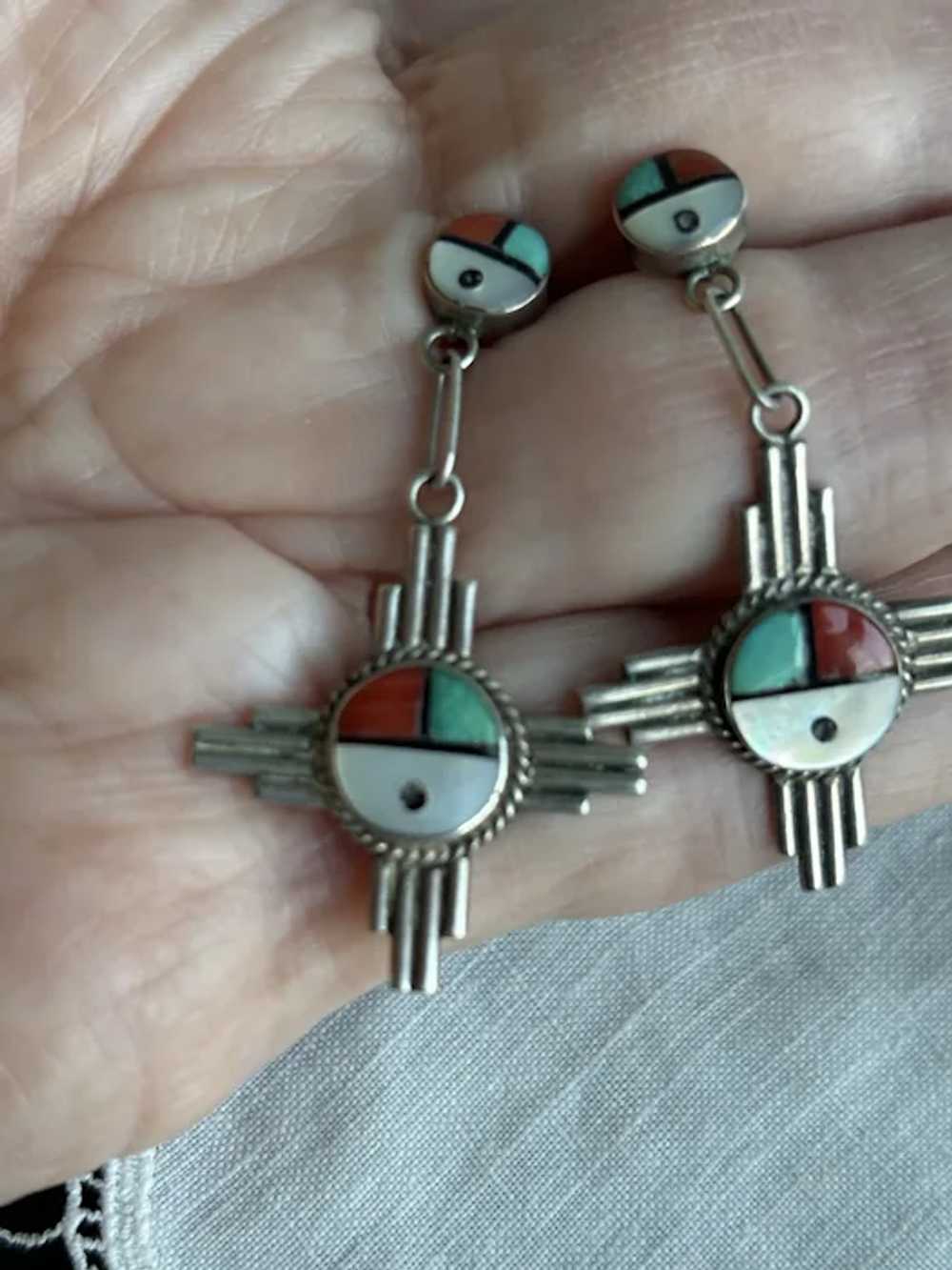 Zuni Sun Face Inlaid Drop Earrings - image 7