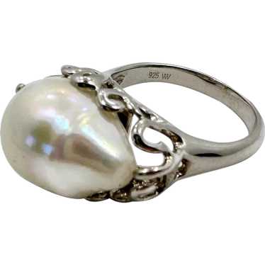 Sterling Silver Etruscan Style Ring popular Baroque Pearl & Rhinestone