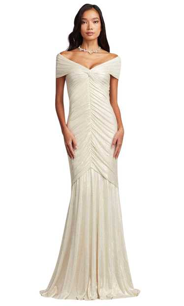 Tadashi Shoji PIETTE DRAPED METALLIC JERSEY GOWN