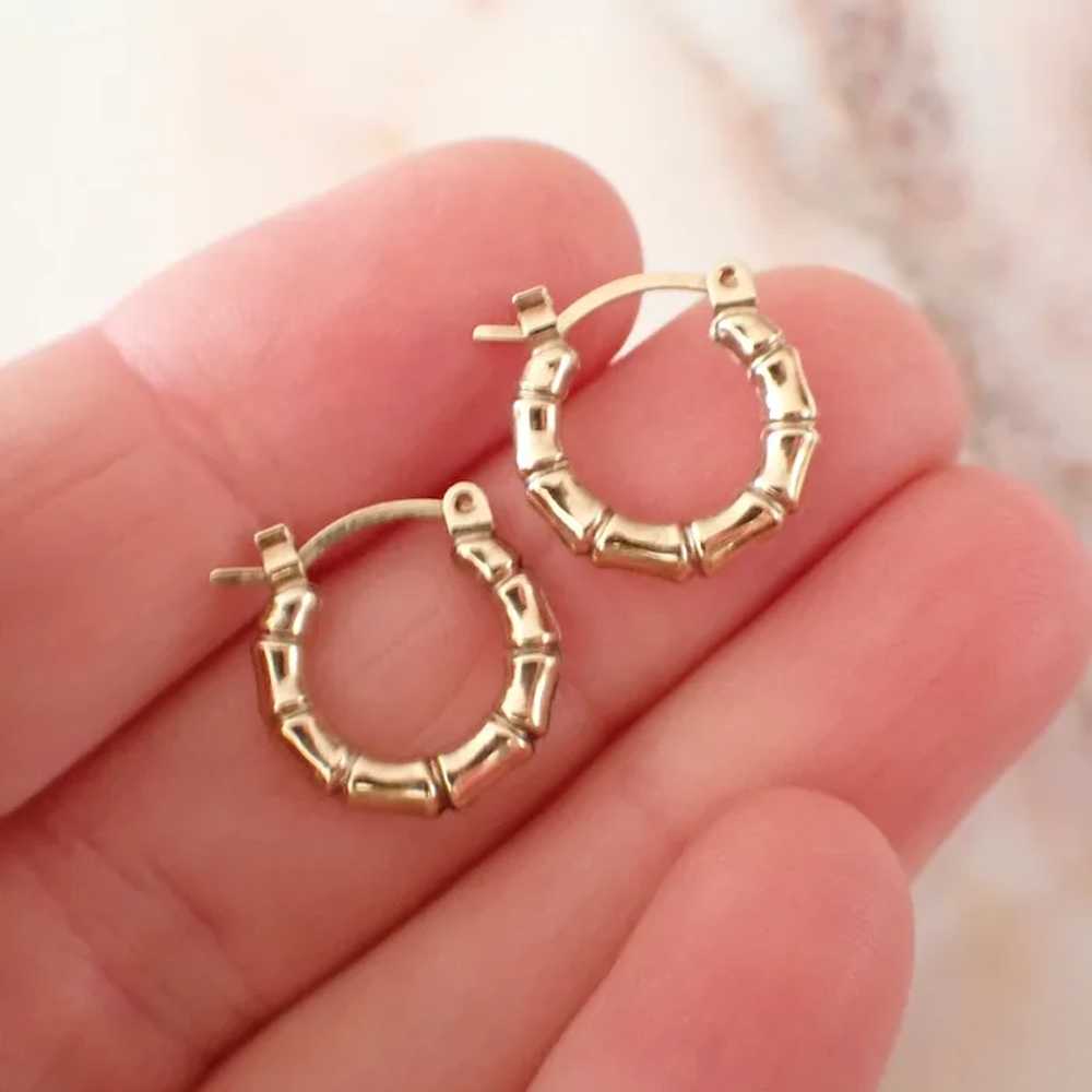 Vintage Small Bamboo Hoop Earrings, 9ct Gold - image 4